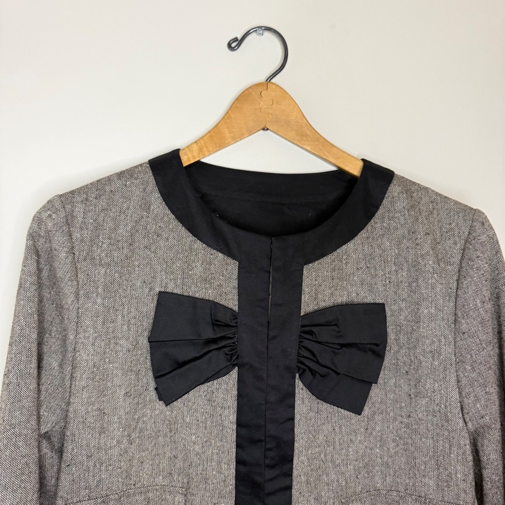 Anthropologie Gray Tweed Bow Front Blazer with Black Trim - Picture 2 of 7